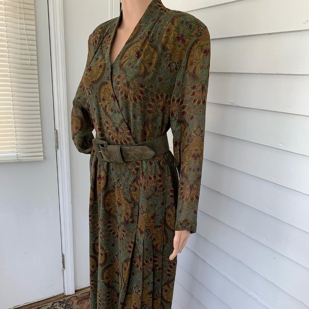 Vintage 80s Olive Green Silk Print Dress 10 Long Sleeve - Picture 3 of 12